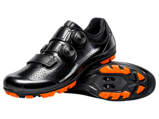 Black cycling shoes with orange accents black shoes cycling shoes, black shoes, orange accents, athletic shoes, sports equipment, footwear, bike shoes, clipless pedals, cycling gear, black and orange,