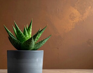 Succulent plant in gray pot against warm backdrop