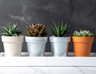 Succulents in various colored pots on a tray