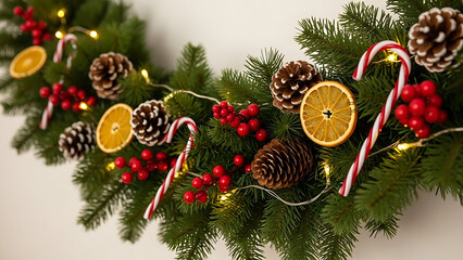 Christmas Garland with Pine Branches and Red Ornaments on Dark Background