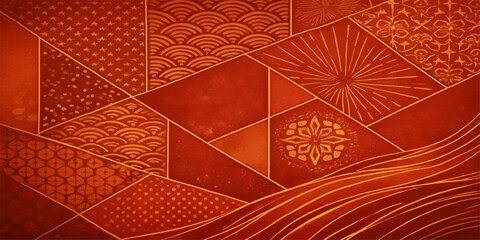 Abstract red and gold background featuring a seamless floral pattern with vintage Thai ornament textures for a decorative antique wallpaper design © Md