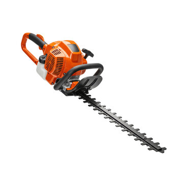 A professional gas-powered hedge trimmer with orange housing and black steel blade floating on a transparent background with copy space. Concept for tool advertising
