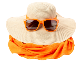 Straw sun hat with orange sunglasses and scarf straw hat straw hat, sun hat, wide brim hat, orange sunglasses, square sunglasses, dark lenses, orange scarf, fashion accessories, summer clothing, beach