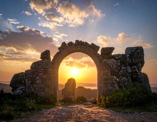 Sun setting through ancient stone archway