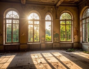 Sunbeams illuminating a dilapidated grand hall