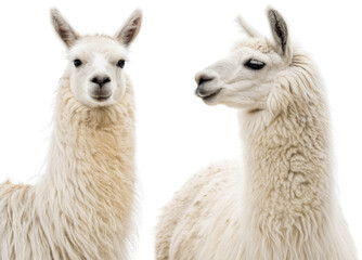 Two fluffy, cream-colored llamas with gentle expressions and soft woolly coats are depicted in profile, facing each other with curious gazes, presented against a, isolated on transparent background.