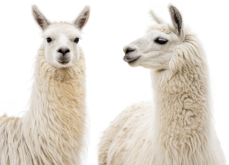 Two fluffy, cream-colored llamas with gentle expressions and soft woolly coats are depicted in profile, facing each other with curious gazes, presented against a, isolated on transparent background.