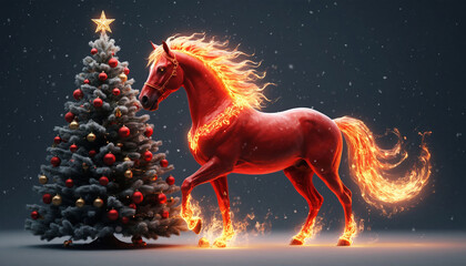 A red fiery horse near a Christmas tree. Symbol of the New Year 2026.
