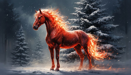 Horse with red mane in winter forest. Christmas card.