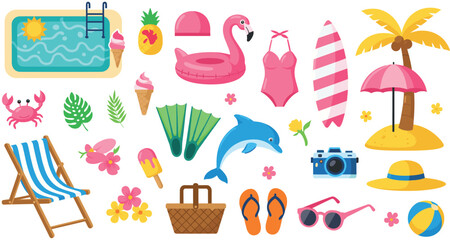 Summer beach vacation icon set with tropical elements swimming accessories seaside activities and colorful holiday objects © Sarmen Creative