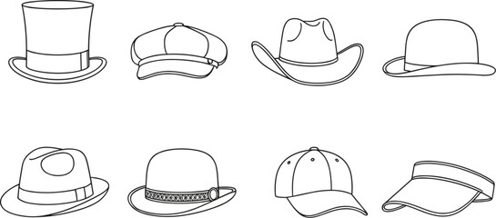 Hat outline icon set with classic headwear styles including top hat fedora cap and visor line art © Sarmen Creative
