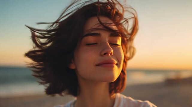 Serene Soul at Sunset: A woman, her eyes closed, finds solace as the wind caresses her hair, bathed in the soft glow of a beach sunset. Capturing the tranquility and inner peace.