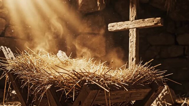 Wooden manger filled with straw under divine golden light near a rustic cross symbolizing hope