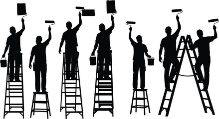 Set of silhouettes of house painters with buckets and rollers on ladders for professional home renovation and wall painting services © Sarmen Creative