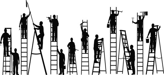 Silhouette collection of industrial construction workers and maintenance technicians on tall ladders for professional building and repair services © Sarmen Creative