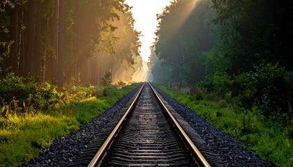 Sunbeams illuminating a train track through a forest