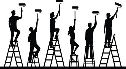 Set of silhouettes of professional house painters on ladders using paint rollers for interior wall renovation and home improvement services © Sarmen Creative