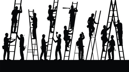 Silhouette set of construction workers and craftsmen on tall ladders for industrial building maintenance and professional repair services © Sarmen Creative