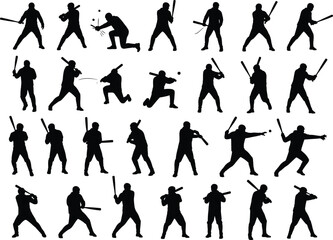 Baseball player action silhouette collection with batting throwing and running poses sports motion black vector set