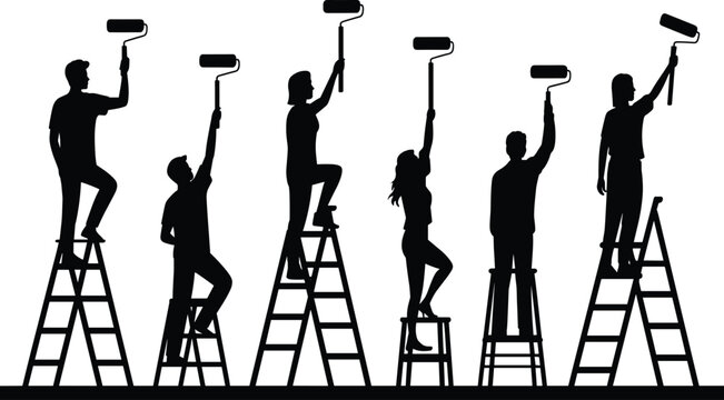 Set of silhouettes of professional house painters on ladders using paint rollers for interior wall renovation and home improvement services - Powered by Adobe