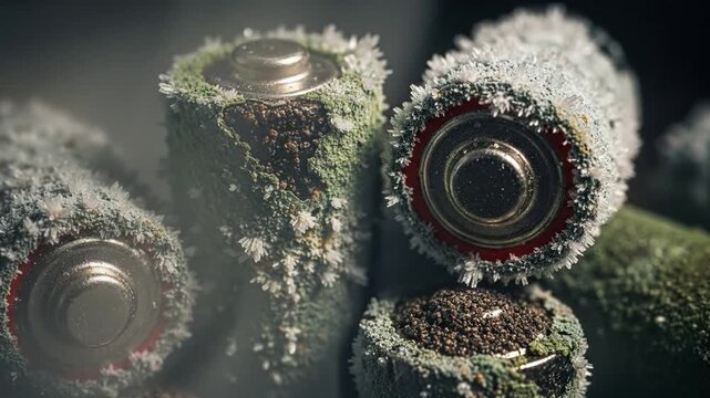 Corroded AAA battery closeup emphasizing toxic electronic waste danger