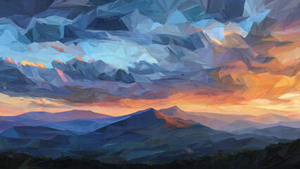 Impressionist oil painting brushstrokes applied to a low poly 3D geometric mountain range.