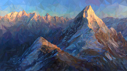 Impressionist oil painting brushstrokes applied to a low poly 3D geometric mountain range.