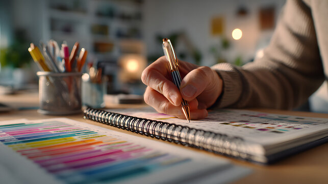 man organizing desk with pens, calendar in a home office, using planner notebook, lit with warm indoor light, captured in close-up composition, styled as clean modern look, clean background,