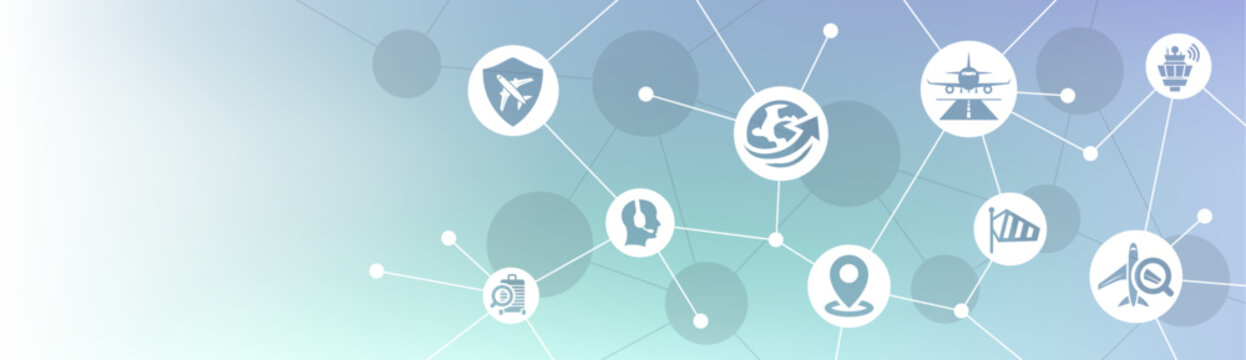 Aviation vector illustration. Blue banner with icons related to aerospace - airport operation, management & maintenance - airplane / airliner - airport industry, service & crew.