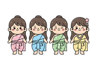 Fototapeta premium Cute cartoon girls wearing colorful traditional Thai dress standing happily