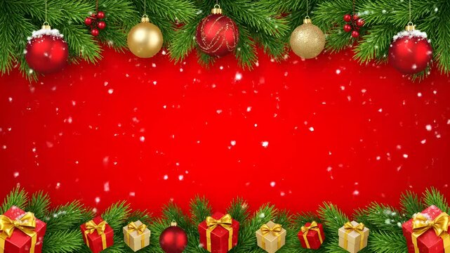 Red Christmas frame with fir branches and golden decorations for holiday social media post or festive promotional background and website header design