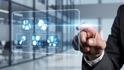 Businessman interacts with holographic interface featuring glowing communication and team icons in a modern office setting - Powered by Adobe