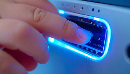 Digital Interface Interaction: A person's finger gently interacts with an illuminated digital interface, suggesting technological connection, and seamless interaction.