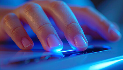 Fingerprint Scanning: A close-up view of a hand utilizing fingerprint recognition technology, illuminated with a cool blue light.