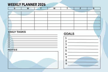 Efficient weekly planner template for 2026 with dedicated sections for daily tasks, goal tracking, and notes, designed to enhance personal and professional organization