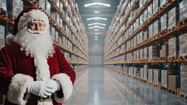 Santa Claus standing proudly in a massive warehouse filled with holiday shipment boxes ready for distribution