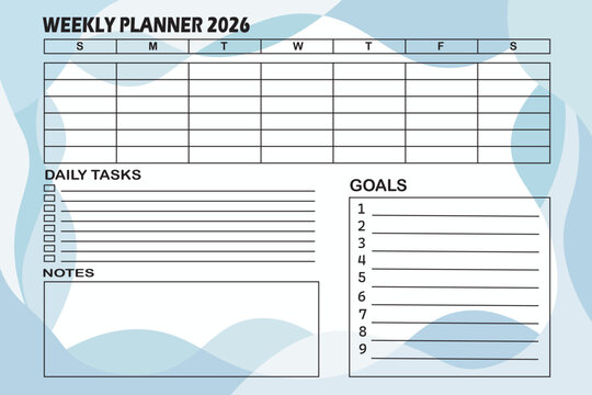 Efficient weekly planner template for 2026 with dedicated sections for daily tasks, goal tracking, and notes, designed to enhance personal and professional organization - Powered by Adobe