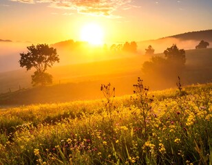 Sunrise over a meadow ablaze with wildflowers