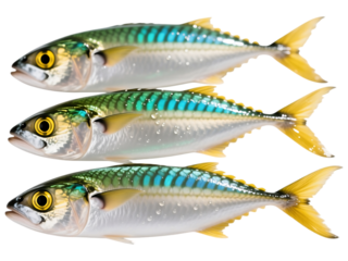 Three fish with green and blue scales on black background fish, three fish, green scales, blue scales, yellow fins, yellow eyes, water droplets, black background, seafood, aquatic, animals, wildlife, 