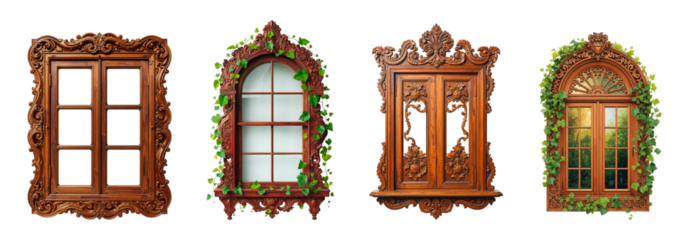 Beautiful antique vintage wooden window isolated on transparent background