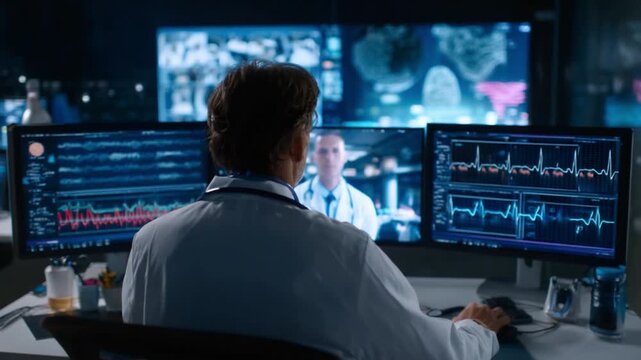 Medical Team at the forefront of digital healthcare: A team of doctors is deeply engaged in their work, analyzing data and consulting on a patient's care.