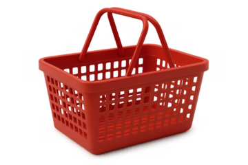 Empty red plastic shopping basket ready for grocery retail in supermarket, illustrating consumerism and commerce