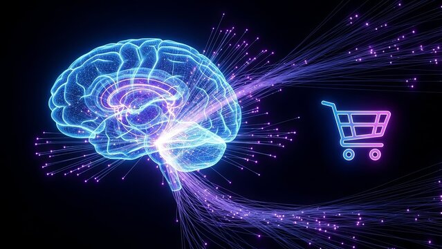 AI-powered shopping cart connection to a glowing brain, representing e-commerce intelligence and consumer behavior analysis