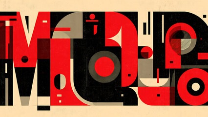 Russian Constructivism inspired background with bold typography shapes, red, black, and cream geometric layers.