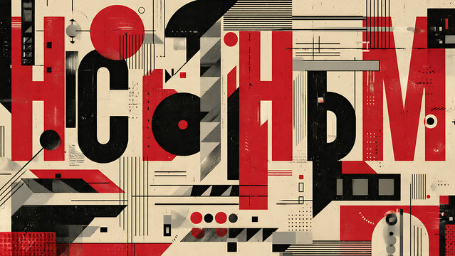Russian Constructivism inspired background with bold typography shapes, red, black, and cream geometric layers.