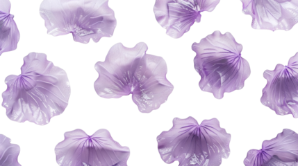 Floating purple petals scattered in a soft pattern on a white background