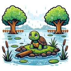 Fototapeta premium Lonely Turtle in Flooded Forest – Emotional AI Concept Art Illustration