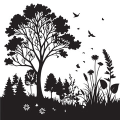 Black Spring Meadow Silhouette Vector, High Quality Illustration on White Background