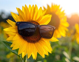 Sunflower wearing sunglasses in a field