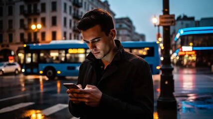 Cinematic young man checking phone under soft city streetlights